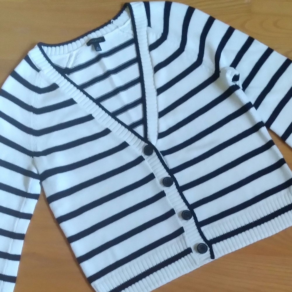 Talbots Cropped Striped Cardigan Navy Blue White‎ Nautical Beach Preppy XS